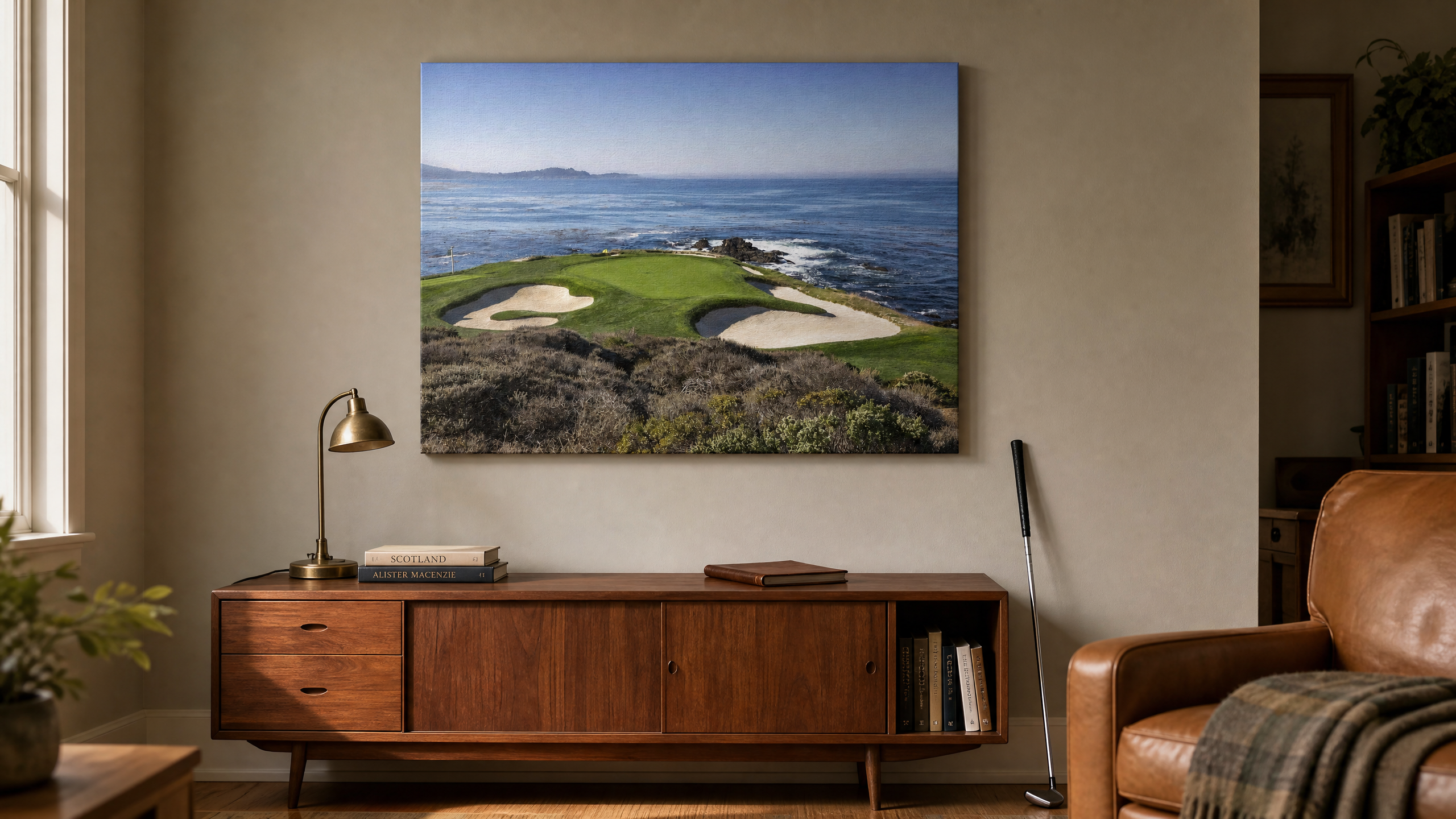 Pebble Beach golf course canvas wall art hanging above a walnut console in a home study, a unique golf gift idea