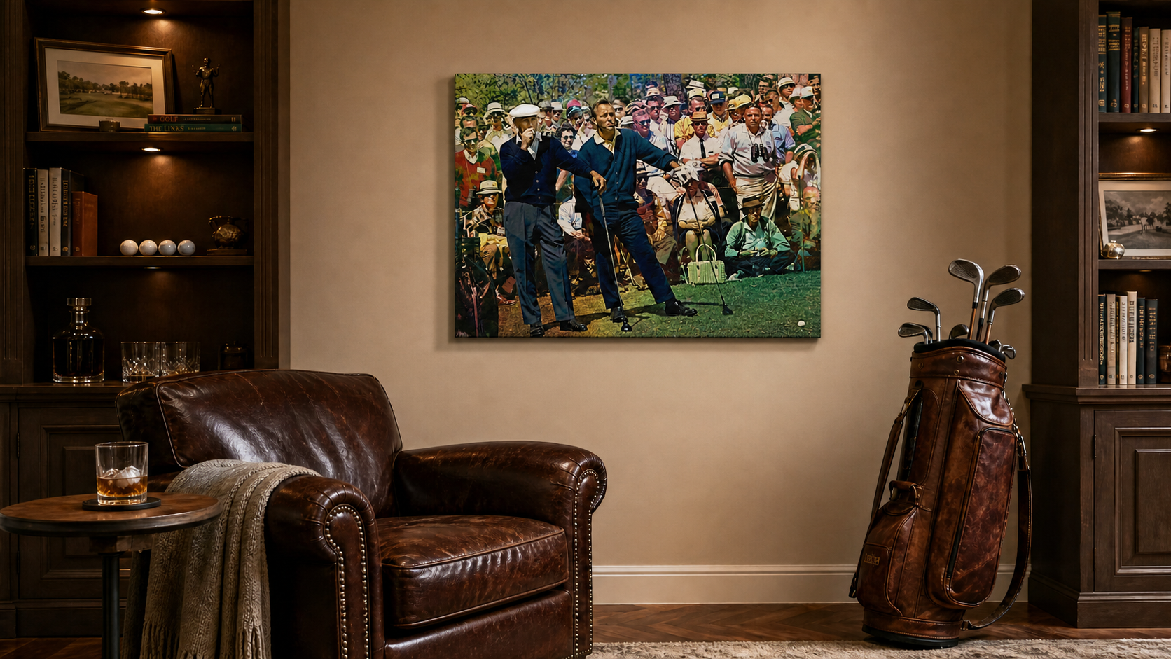 Hogan and Palmer Cig Break canvas print hanging in a leather-and-whiskey man cave