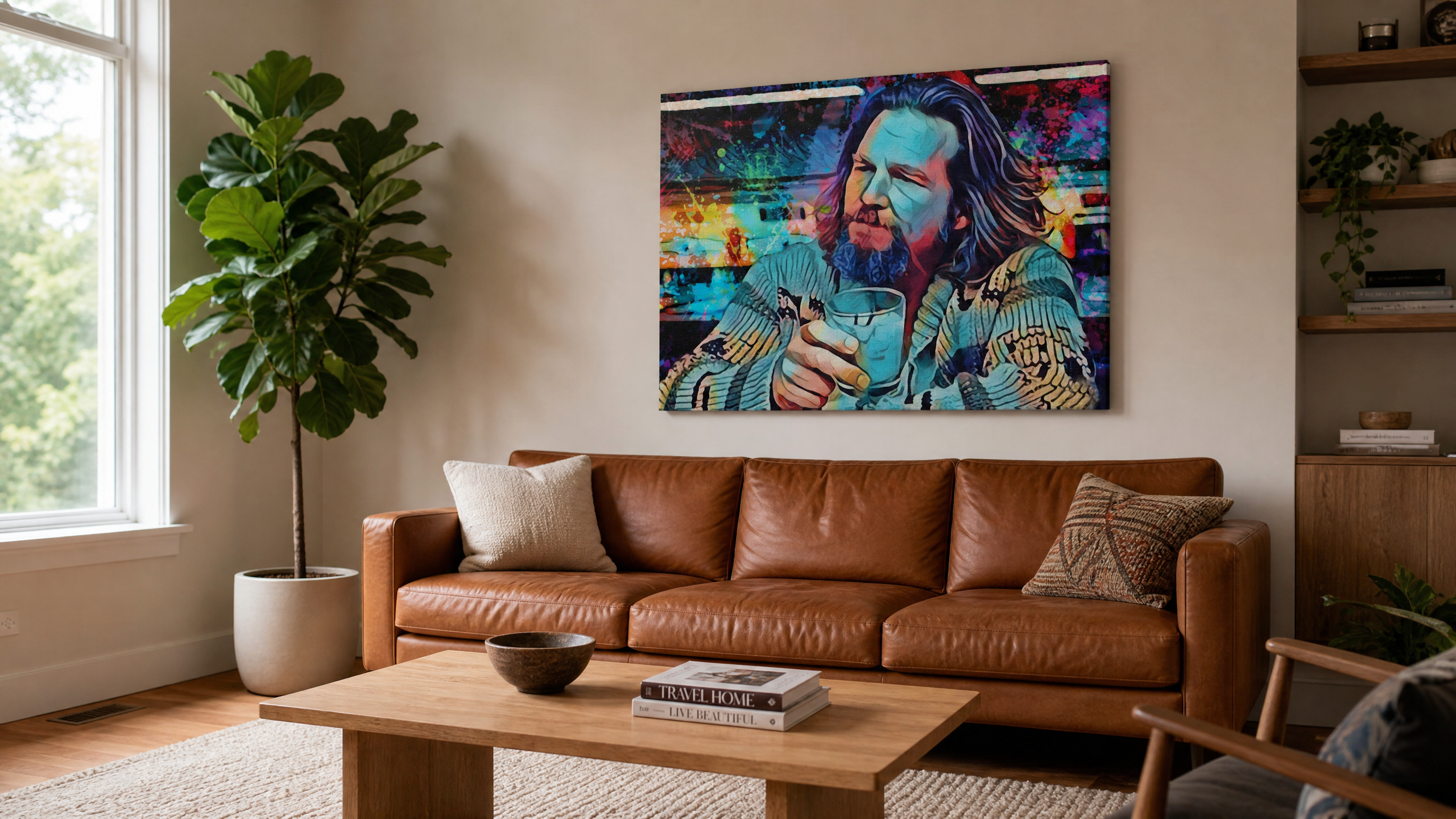 Big Lebowski Dude canvas wall art hanging above a leather sofa in a bright modern living room - gifts for movie lovers