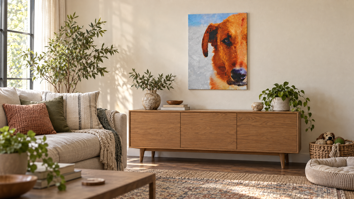 Dog Painting pet canvas print above an oak credenza in a warm living room
