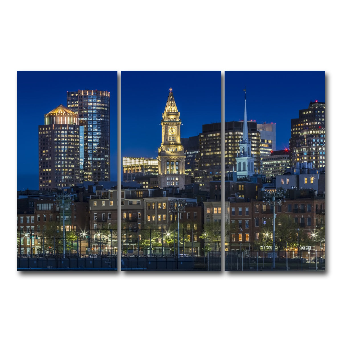 AUTO-MOCKUP WHITE | BOSTON Evening Skyline of North End & Financial District | 3 Piece | Gallery Wrap Canvas | group=12x24