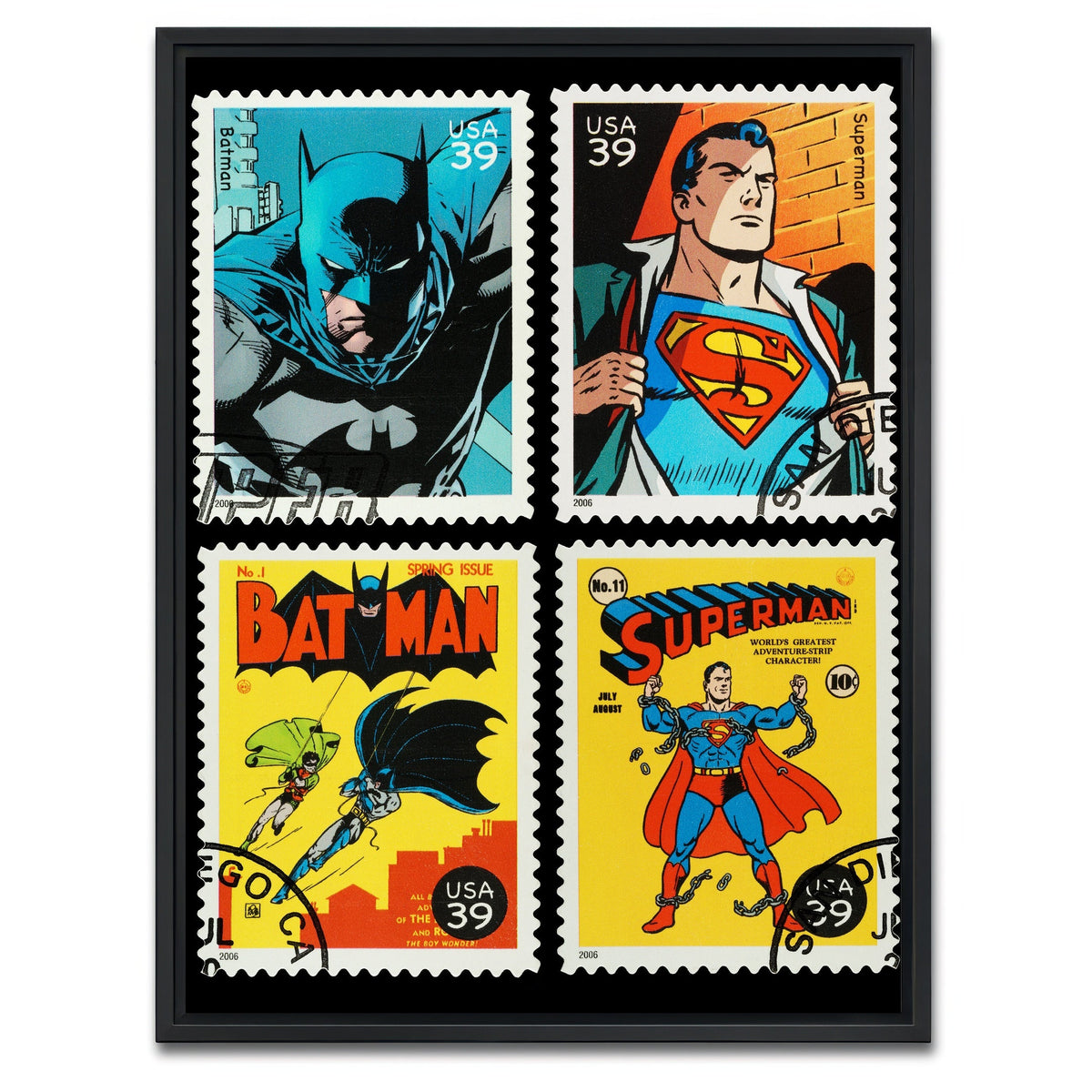 AUTO-MOCKUP WHITE | Batman and Superman Postage Stamps | 1 Piece | Black Framed Canvas | group=3x4
