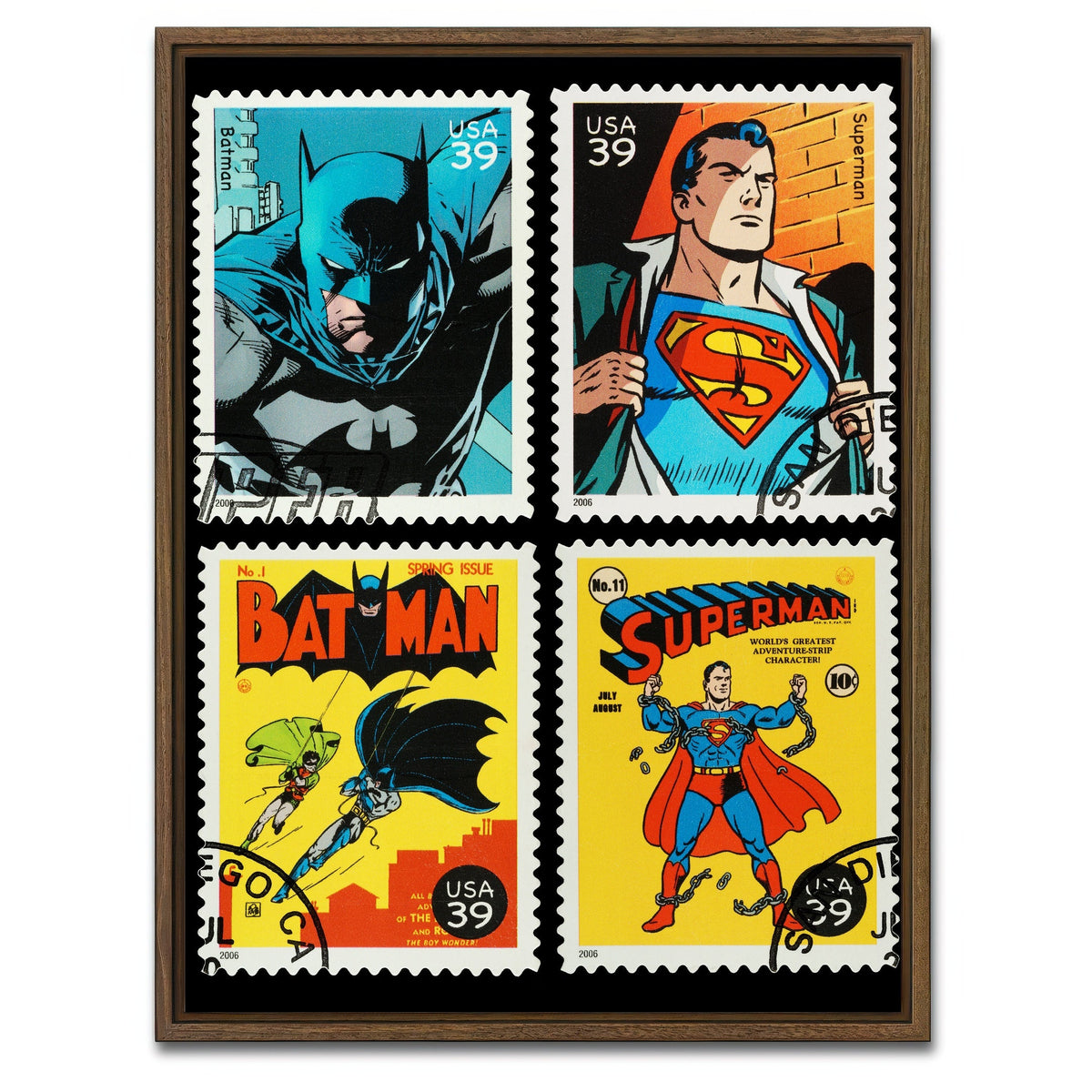 AUTO-MOCKUP WHITE | Batman and Superman Postage Stamps | 1 Piece | Walnut Framed Canvas | group=3x4
