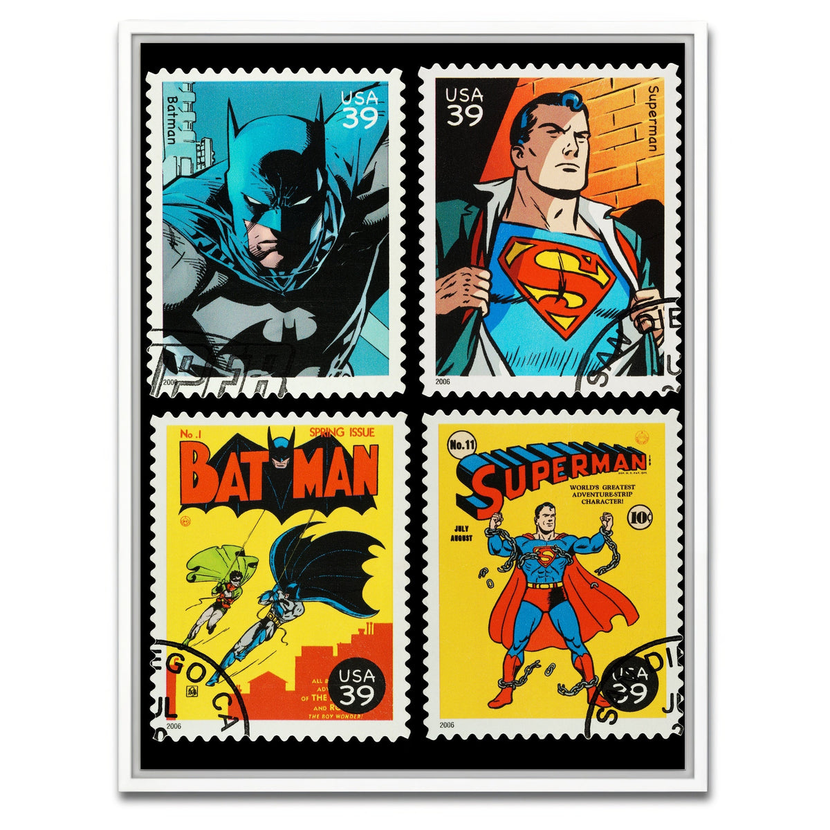 AUTO-MOCKUP WHITE | Batman and Superman Postage Stamps | 1 Piece | White Framed Canvas | group=3x4