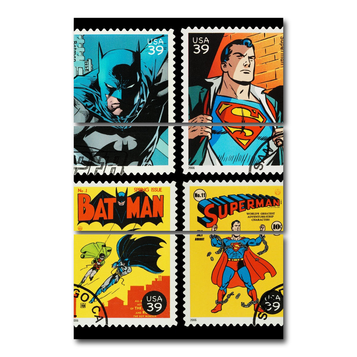 AUTO-MOCKUP WHITE | Batman and Superman Postage Stamps | 3 Piece | Gallery Wrap Canvas | group=12x24_stacked