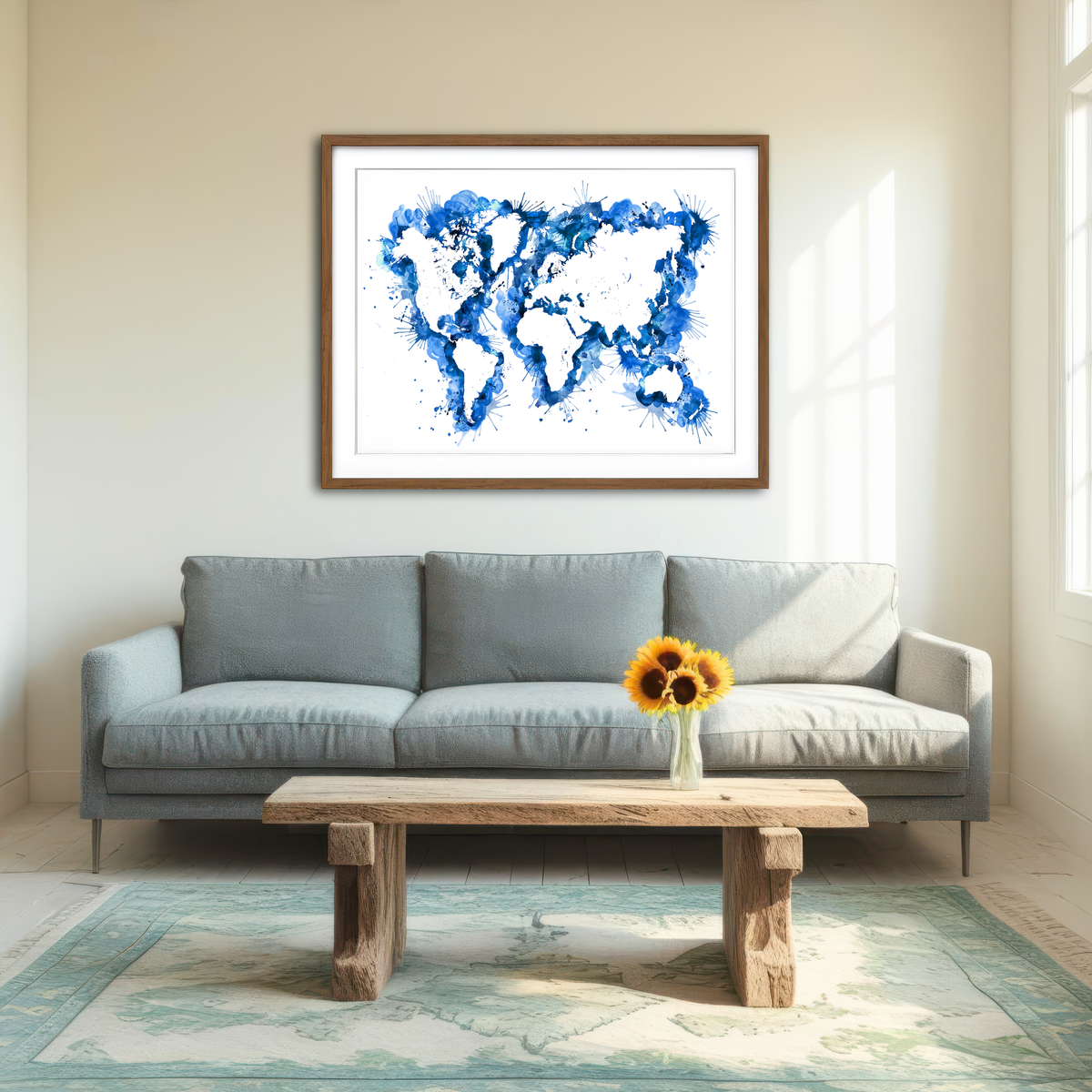 AUTO-MOCKUP ROOM | Blue Splatter World Map Wall Art