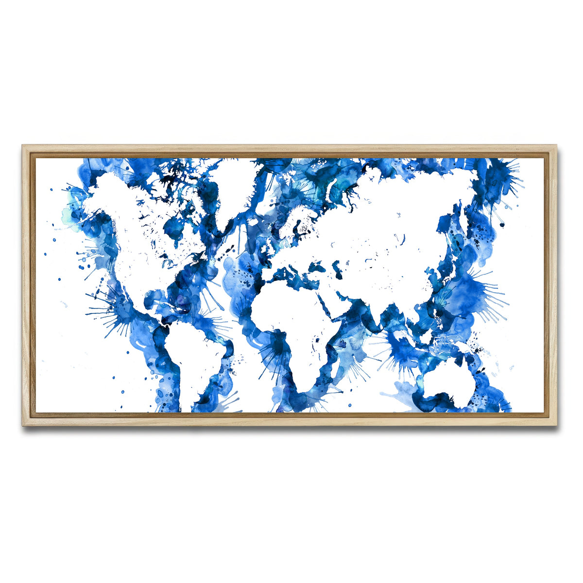 AUTO-MOCKUP WHITE | Blue Splatter World Map | 1 Piece | Natural Framed Canvas | group=2x1