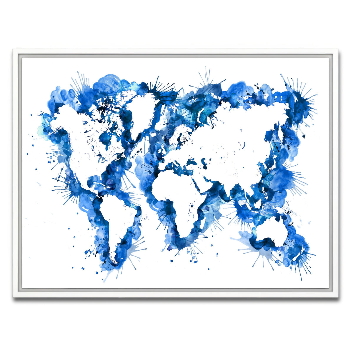 AUTO-MOCKUP WHITE | Blue Splatter World Map | 1 Piece | White Framed Canvas | group=4x3