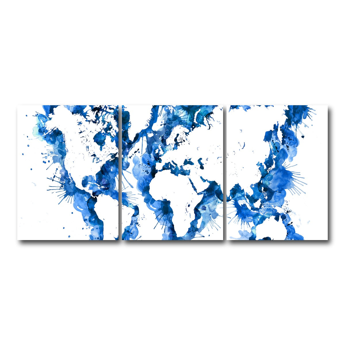 AUTO-MOCKUP WHITE | Blue Splatter World Map | 3 Piece | Gallery Wrap Canvas | group=18x24