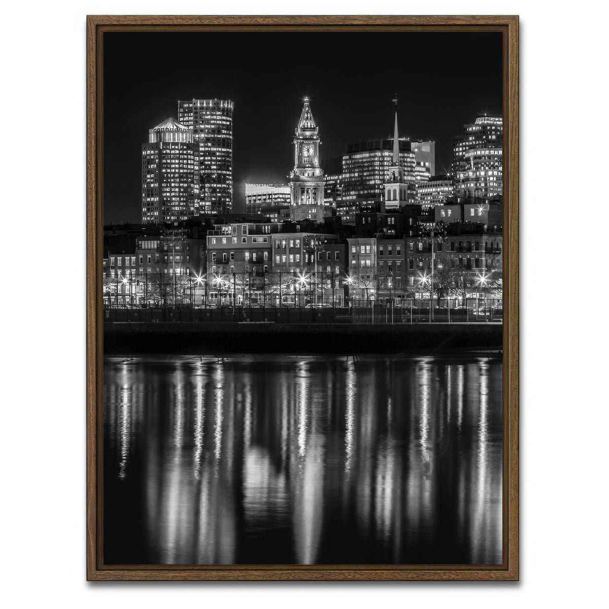 AUTO-MOCKUP WHITE | Boston Evening Skyline of North End | 1 Piece | Walnut Framed Canvas | group=3x4