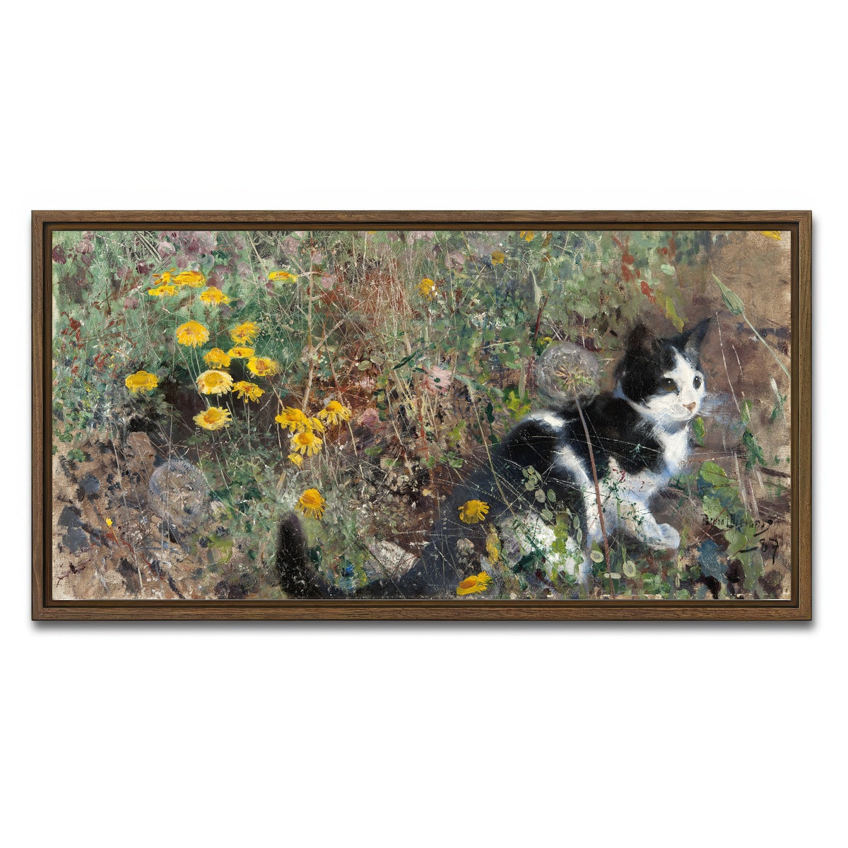 AUTO-MOCKUP WHITE | Cat on a flowery Meadow | 1 Piece | Walnut Framed Canvas | group=2x1