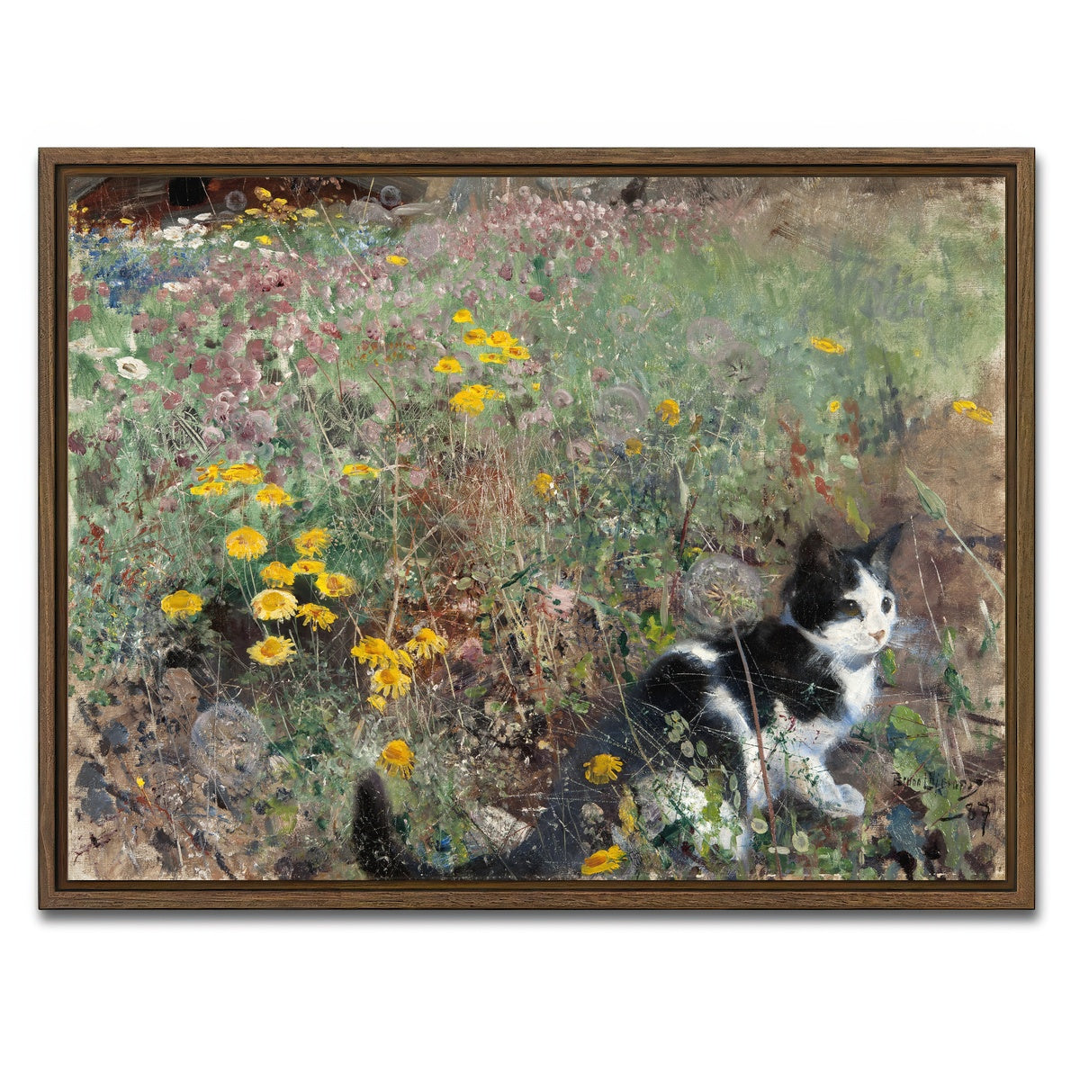 AUTO-MOCKUP WHITE | Cat on a flowery Meadow | 1 Piece | Walnut Framed Canvas | group=4x3