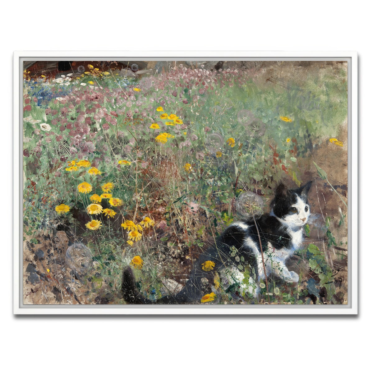 AUTO-MOCKUP WHITE | Cat on a flowery Meadow | 1 Piece | White Framed Canvas | group=4x3