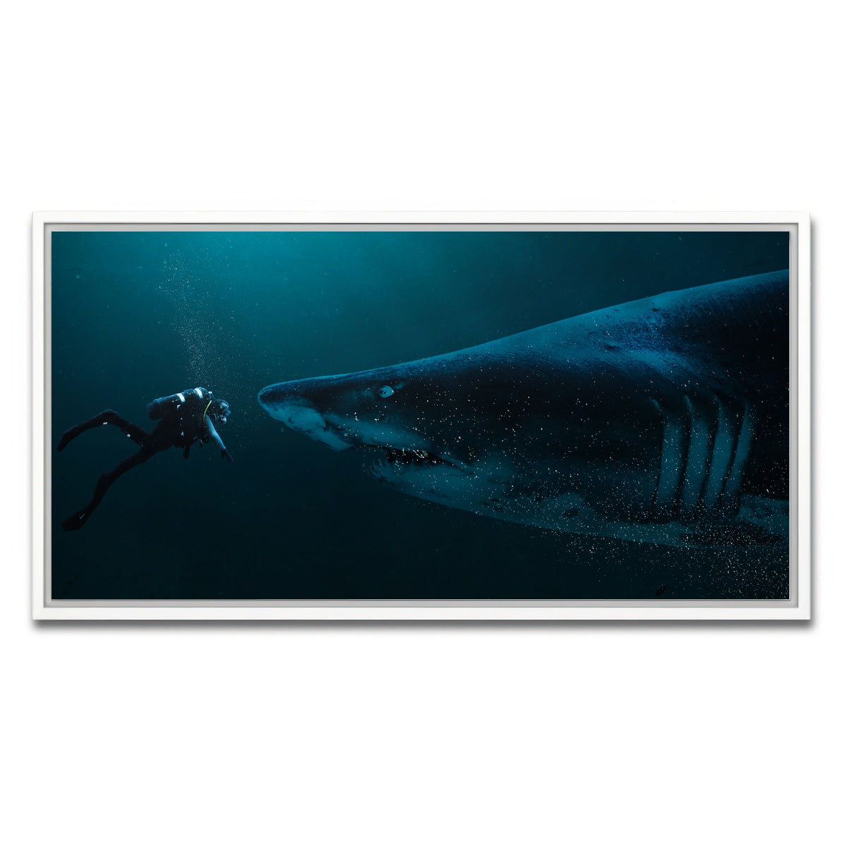 AUTO-MOCKUP WHITE | Diver and Shark | 1 Piece | White Framed Canvas | group=2x1