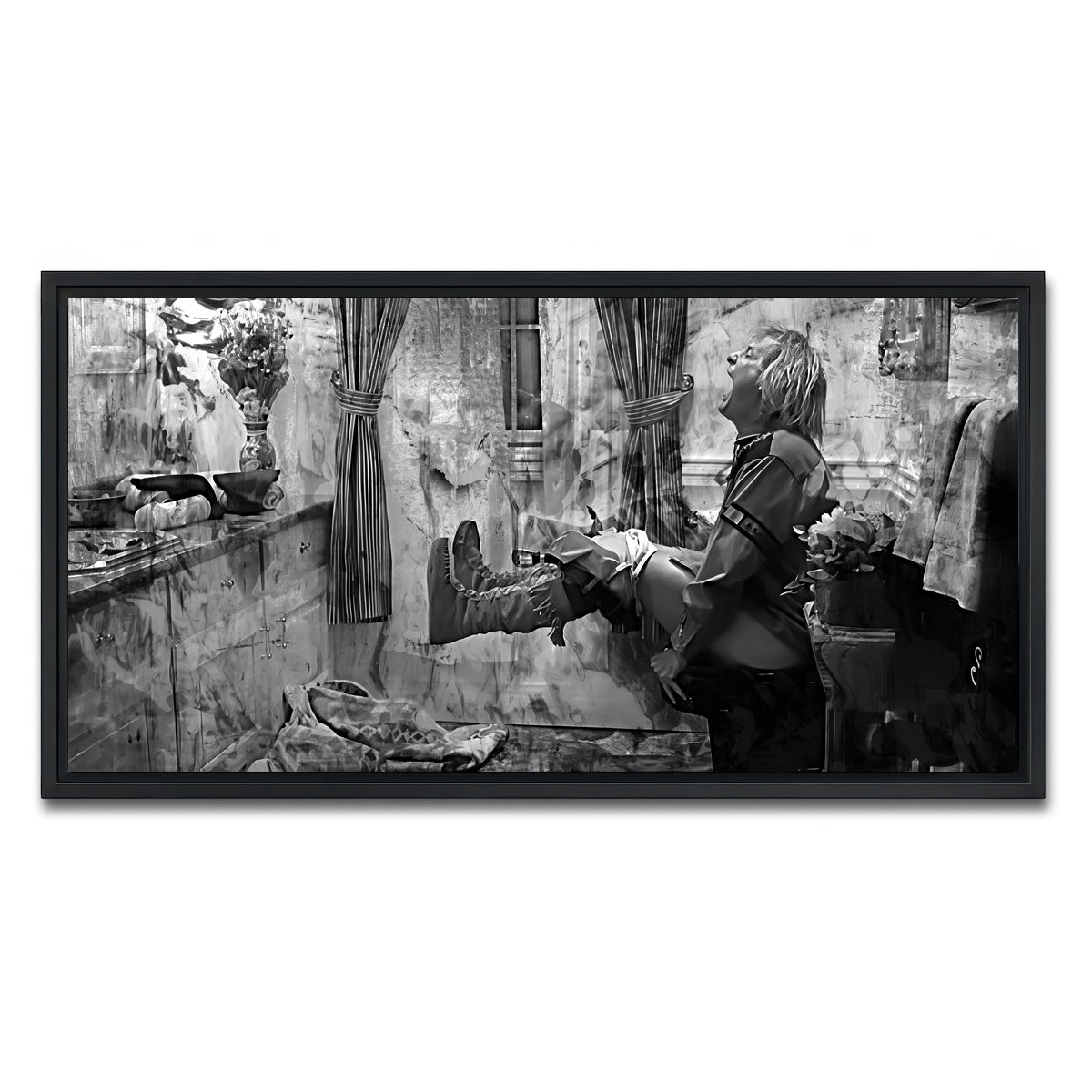 AUTO-MOCKUP WHITE | Dumb & Dumber Bathroom Decor Grayscale | 1 Piece | Black Framed Canvas | group=2x1