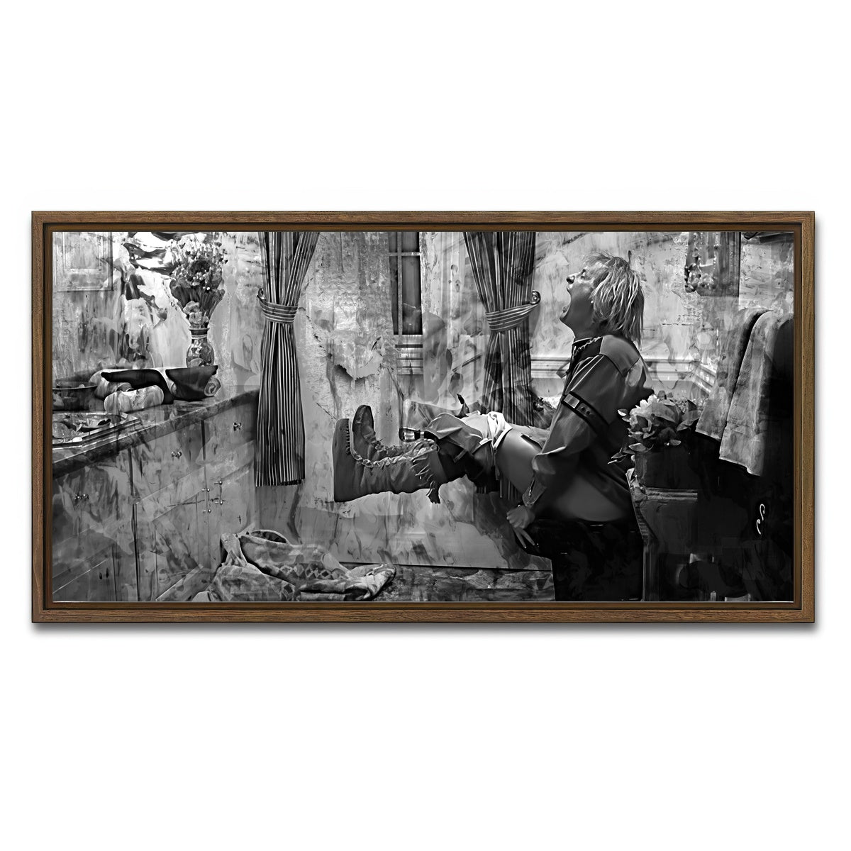 AUTO-MOCKUP WHITE | Dumb & Dumber Bathroom Decor Grayscale | 1 Piece | Walnut Framed Canvas | group=2x1