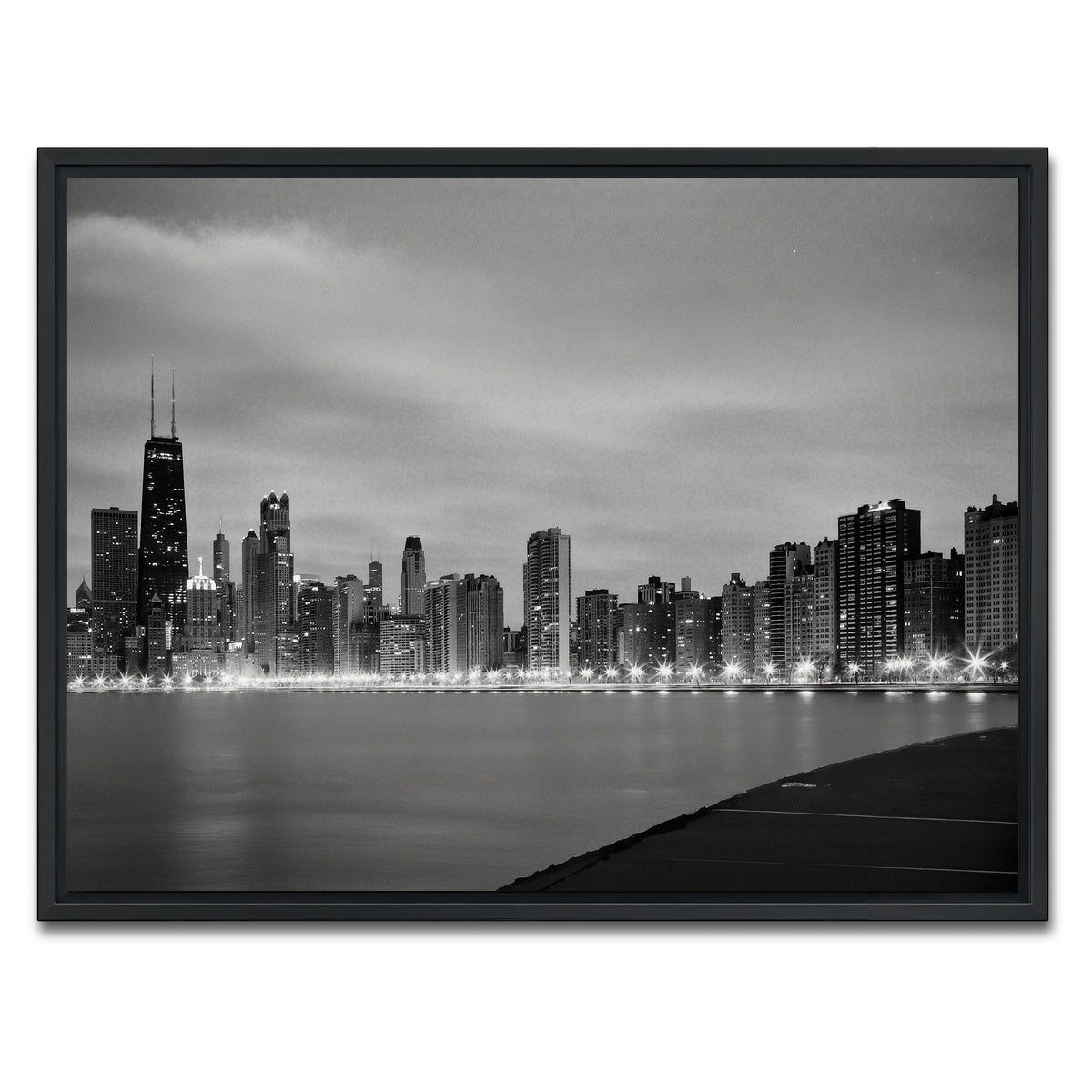 AUTO-MOCKUP WHITE | Grayscale Chicago Skyline | 1 Piece | Black Framed Canvas | group=4x3