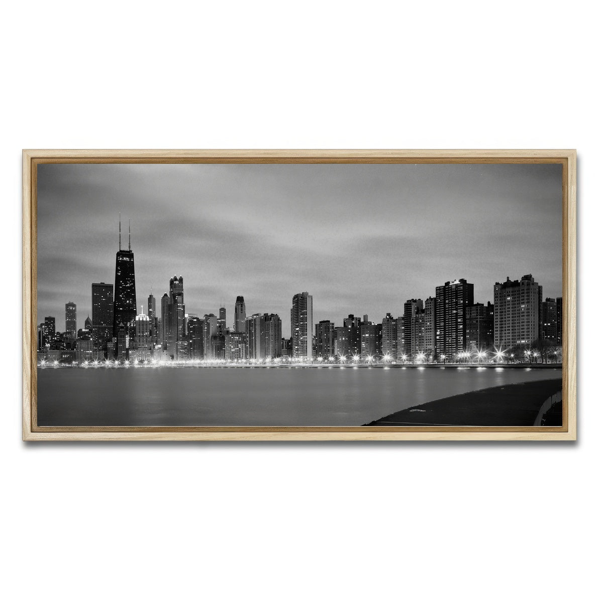 AUTO-MOCKUP WHITE | Grayscale Chicago Skyline | 1 Piece | Natural Framed Canvas | group=2x1