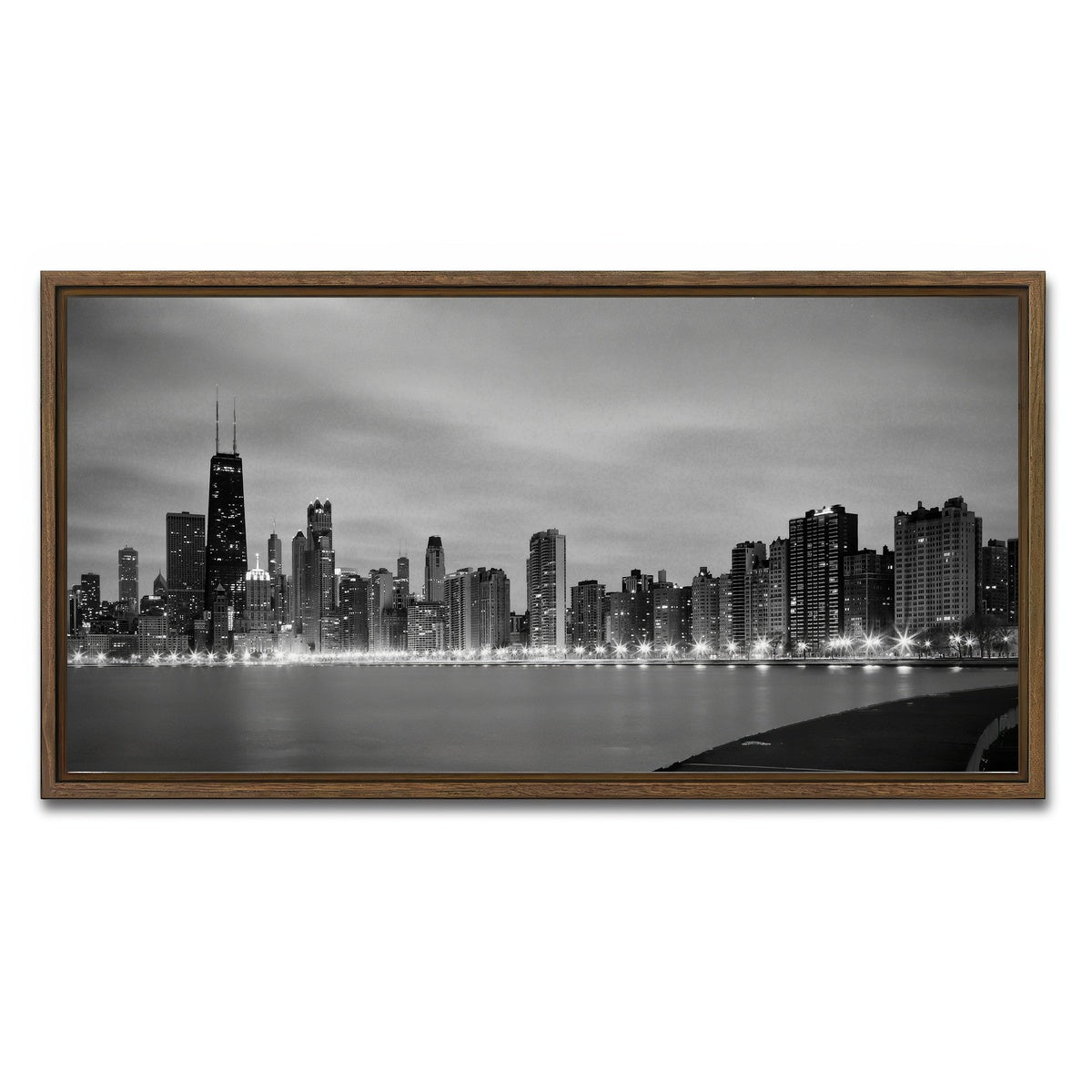 AUTO-MOCKUP WHITE | Grayscale Chicago Skyline | 1 Piece | Walnut Framed Canvas | group=2x1