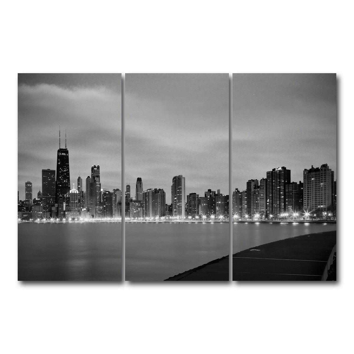 AUTO-MOCKUP WHITE | Grayscale Chicago Skyline | 3 Piece | Gallery Wrap Canvas | group=12x24