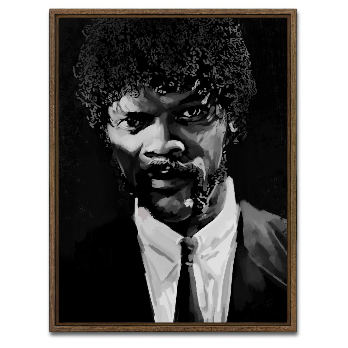 AUTO-MOCKUP WHITE | Grayscale Jules Winnfield | 1 Piece | Walnut Framed Canvas | group=3x4