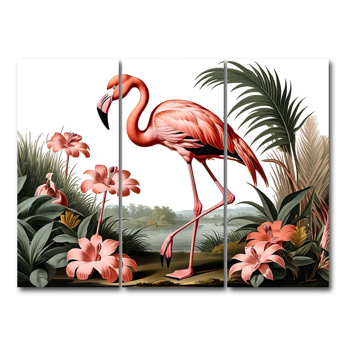AUTO-MOCKUP WHITE | JJ Audubon's Style Flamingo | 3 Piece | Gallery Wrap Canvas | group=8x18