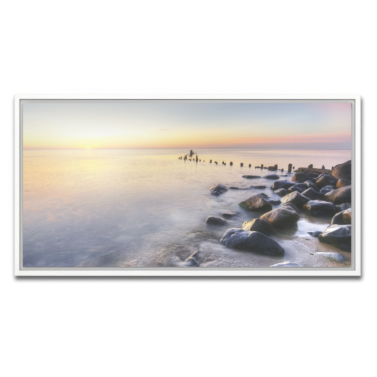 AUTO-MOCKUP WHITE | Lake Michigan Shore at Sunrise | 1 Piece | White Framed Canvas | group=2x1