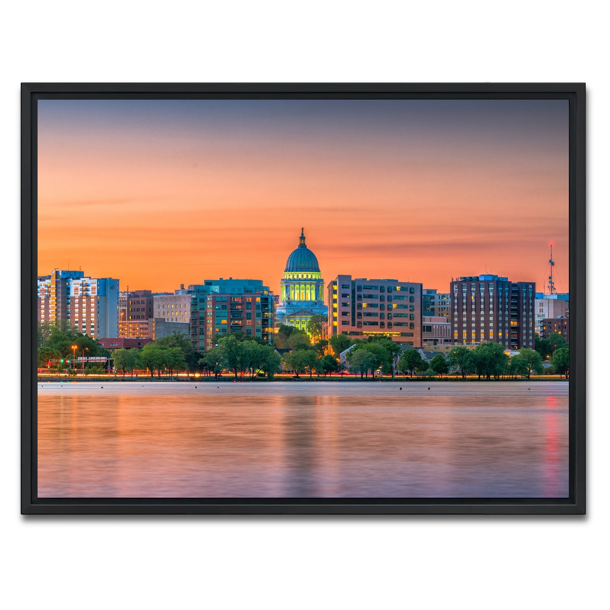 AUTO-MOCKUP WHITE | Madison Skyline At Dusk | 1 Piece | Black Framed Canvas | group=4x3