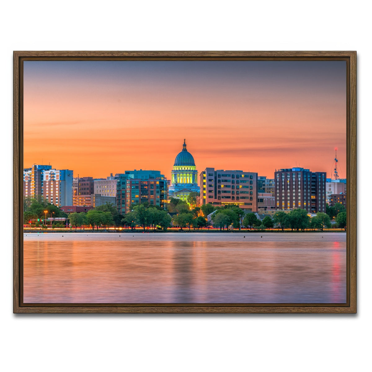 AUTO-MOCKUP WHITE | Madison Skyline At Dusk | 1 Piece | Walnut Framed Canvas | group=4x3
