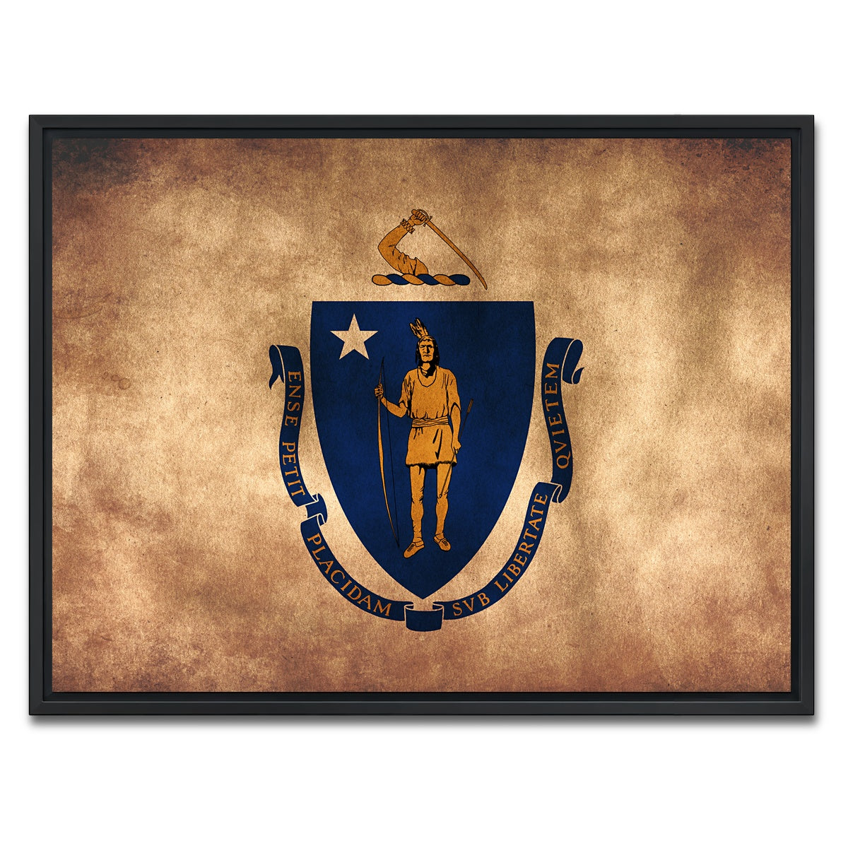 AUTO-MOCKUP WHITE | Massachusetts State Flag Grunge | 1 Piece | Black Framed Canvas | group=4x3