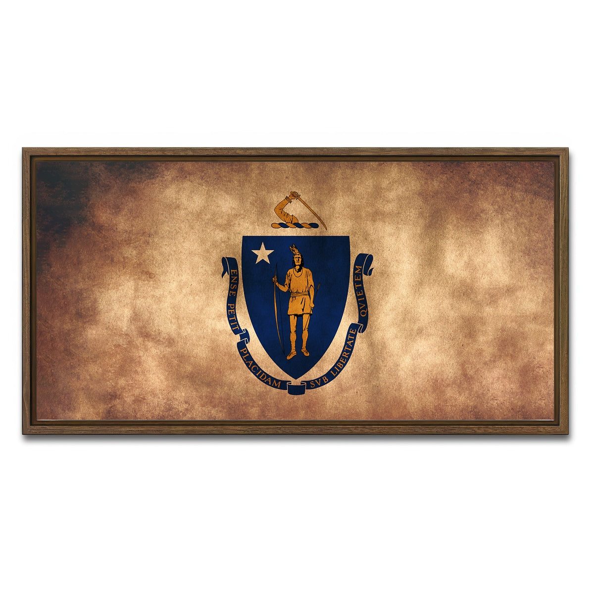 AUTO-MOCKUP WHITE | Massachusetts State Flag Grunge | 1 Piece | Walnut Framed Canvas | group=2x1
