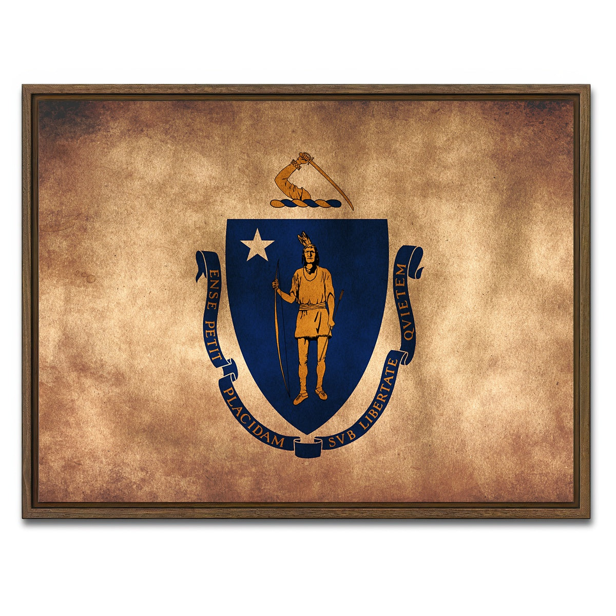 AUTO-MOCKUP WHITE | Massachusetts State Flag Grunge | 1 Piece | Walnut Framed Canvas | group=4x3