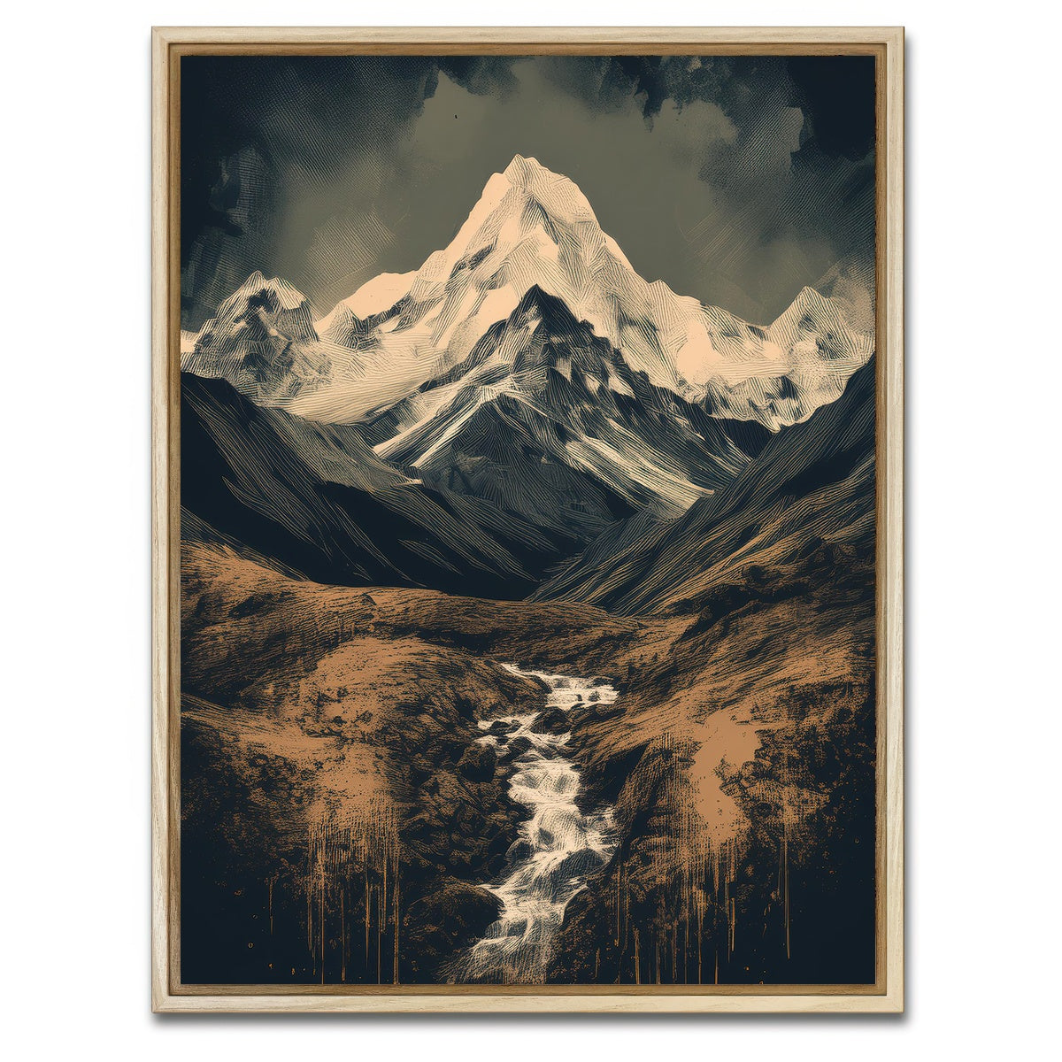 AUTO-MOCKUP WHITE | Retro Mountain Painting | 1 Piece | Natural Framed Canvas | group=3x4