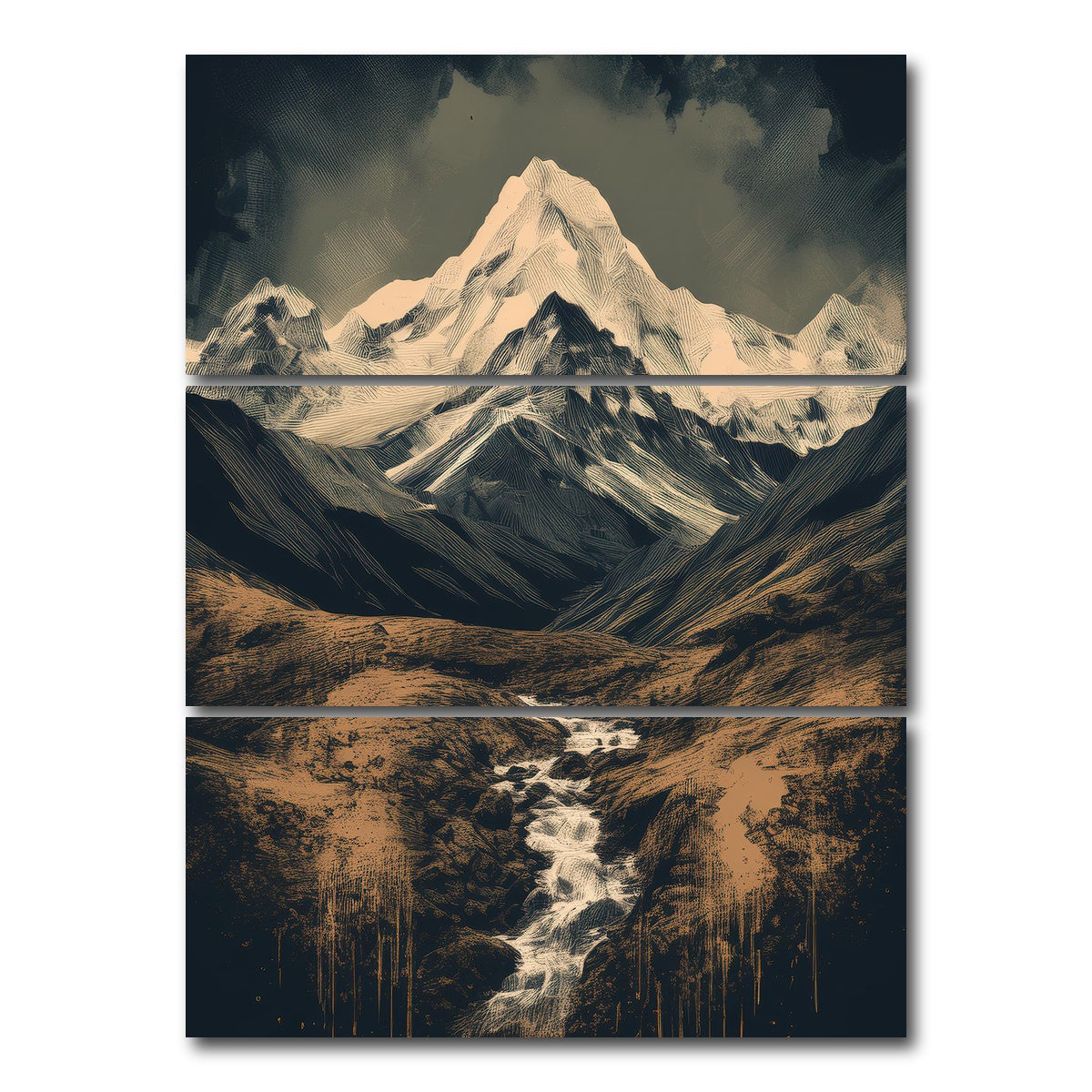 AUTO-MOCKUP WHITE | Retro Mountain Painting | 3 Piece | Gallery Wrap Canvas | group=8x18_stacked