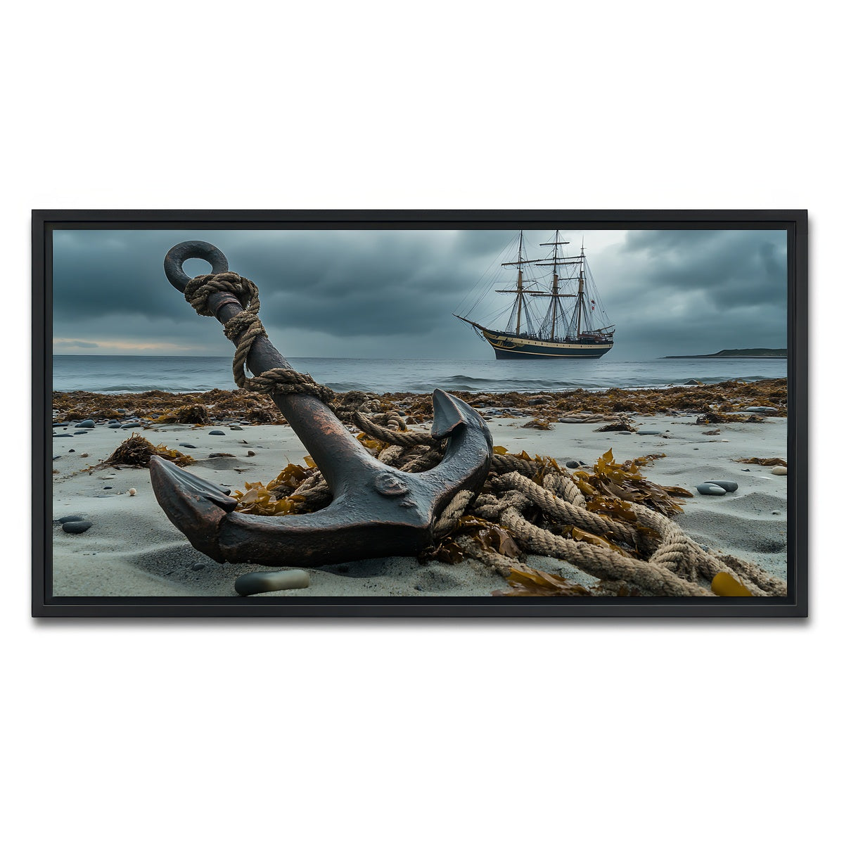 AUTO-MOCKUP WHITE | Rustic anchor on sandy beach | 1 Piece | Black Framed Canvas | group=2x1