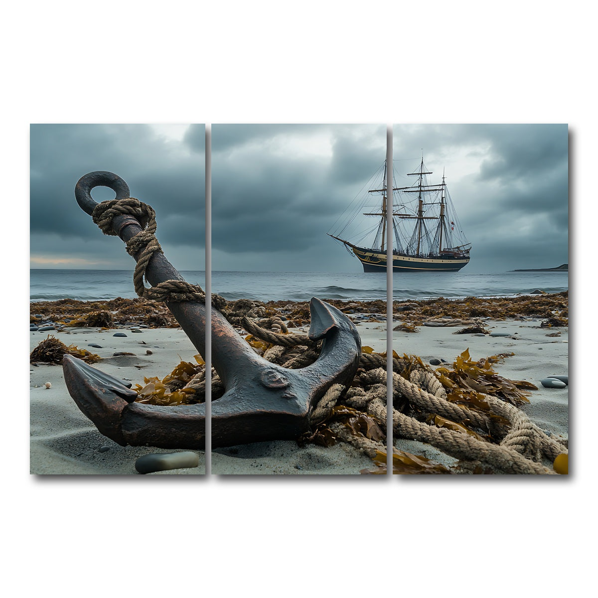AUTO-MOCKUP WHITE | Rustic anchor on sandy beach | 3 Piece | Gallery Wrap Canvas | group=12x24