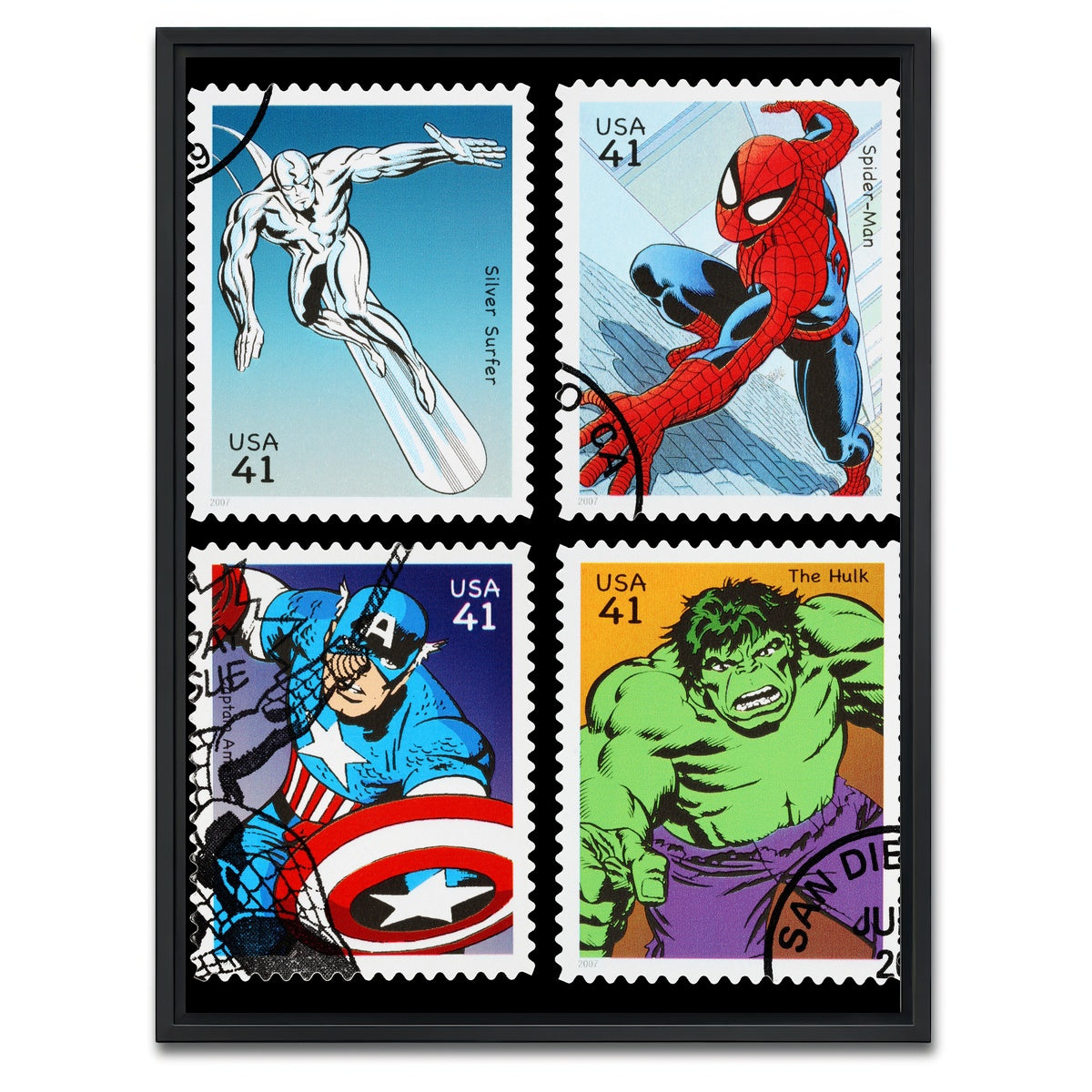 AUTO-MOCKUP WHITE | Superhero Postage Stamps | 1 Piece | Black Framed Canvas | group=3x4