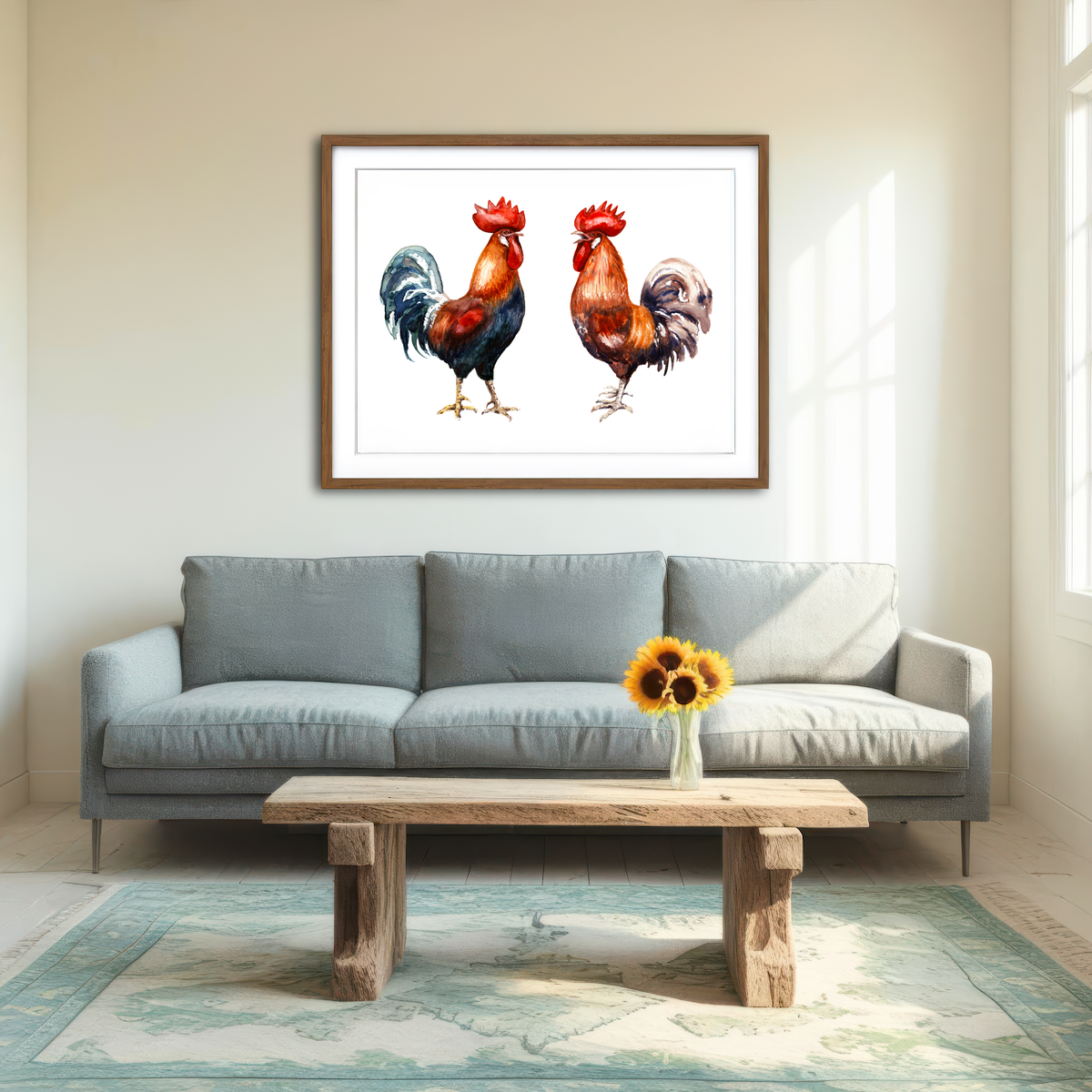 AUTO-MOCKUP ROOM | Two Red Roosters Wall Art