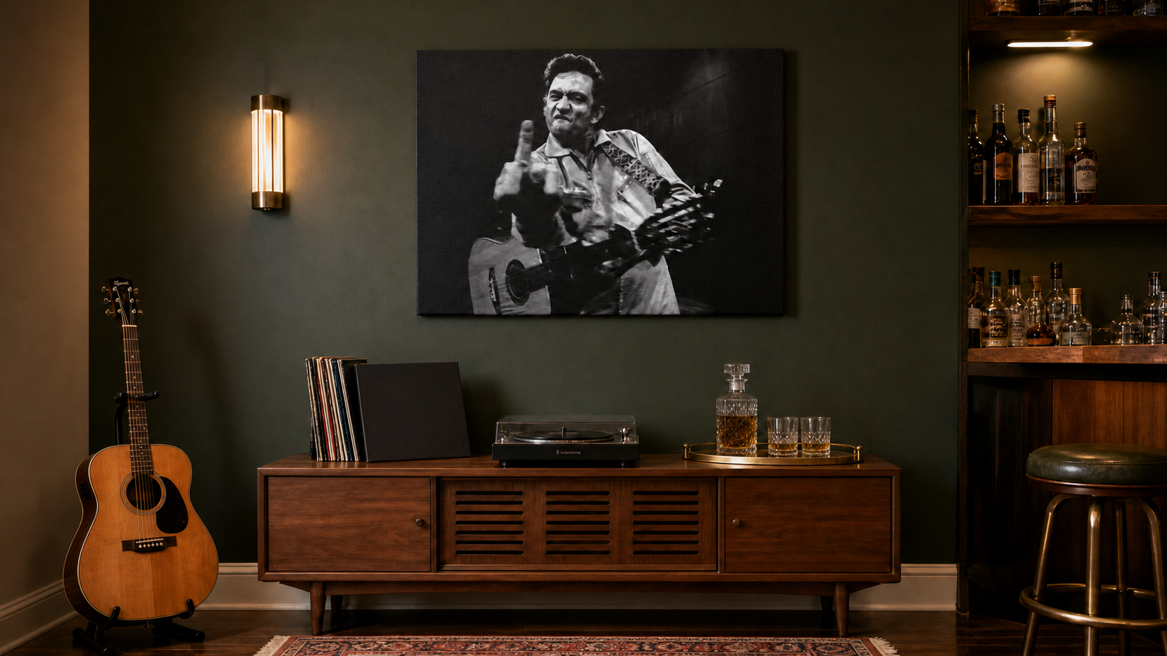 Johnny Cash black and white canvas music wall art hanging above a mid-century credenza in a home bar and music room