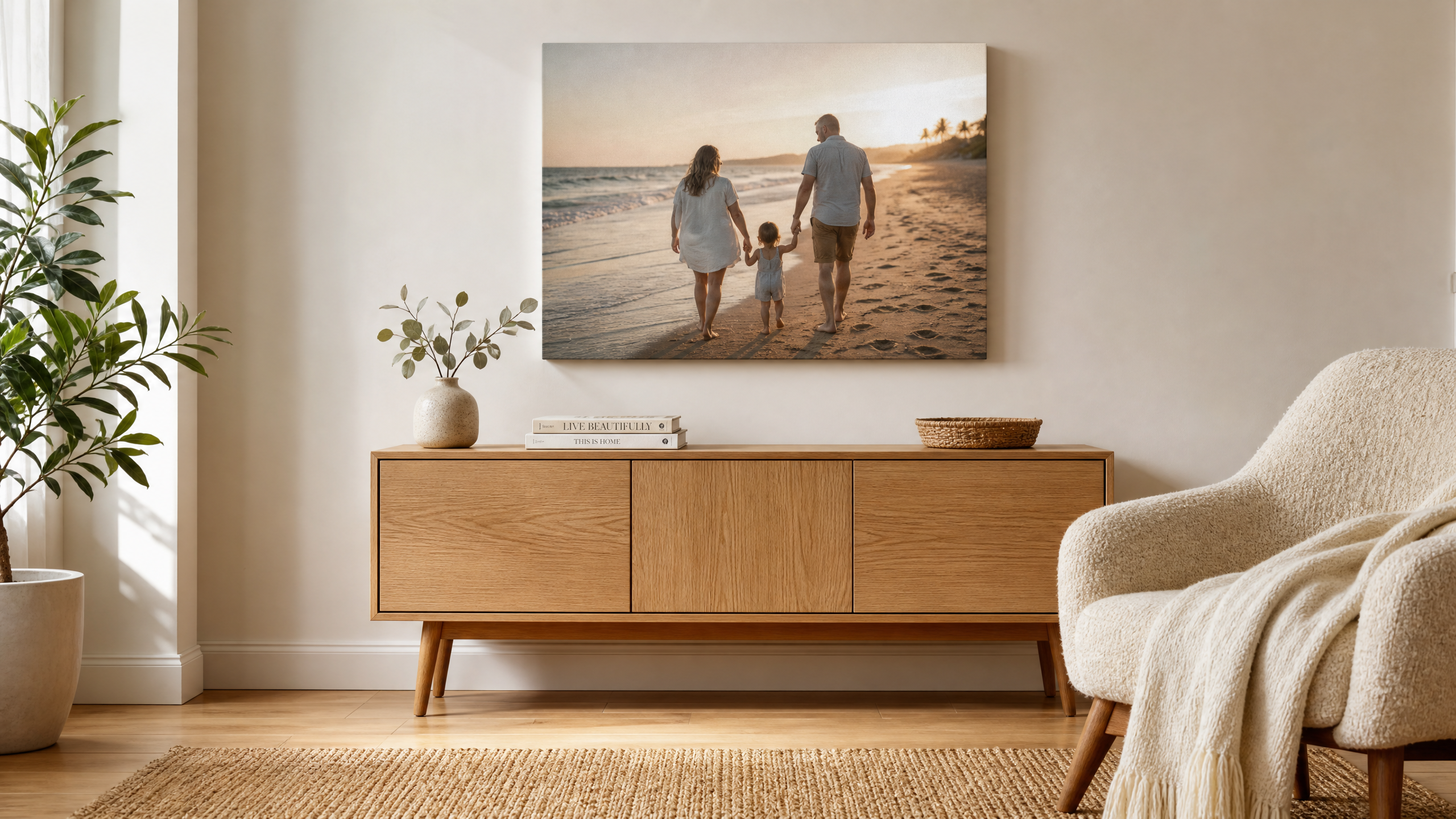 Custom canvas print of a family beach photo hanging above an oak console in a bright living room