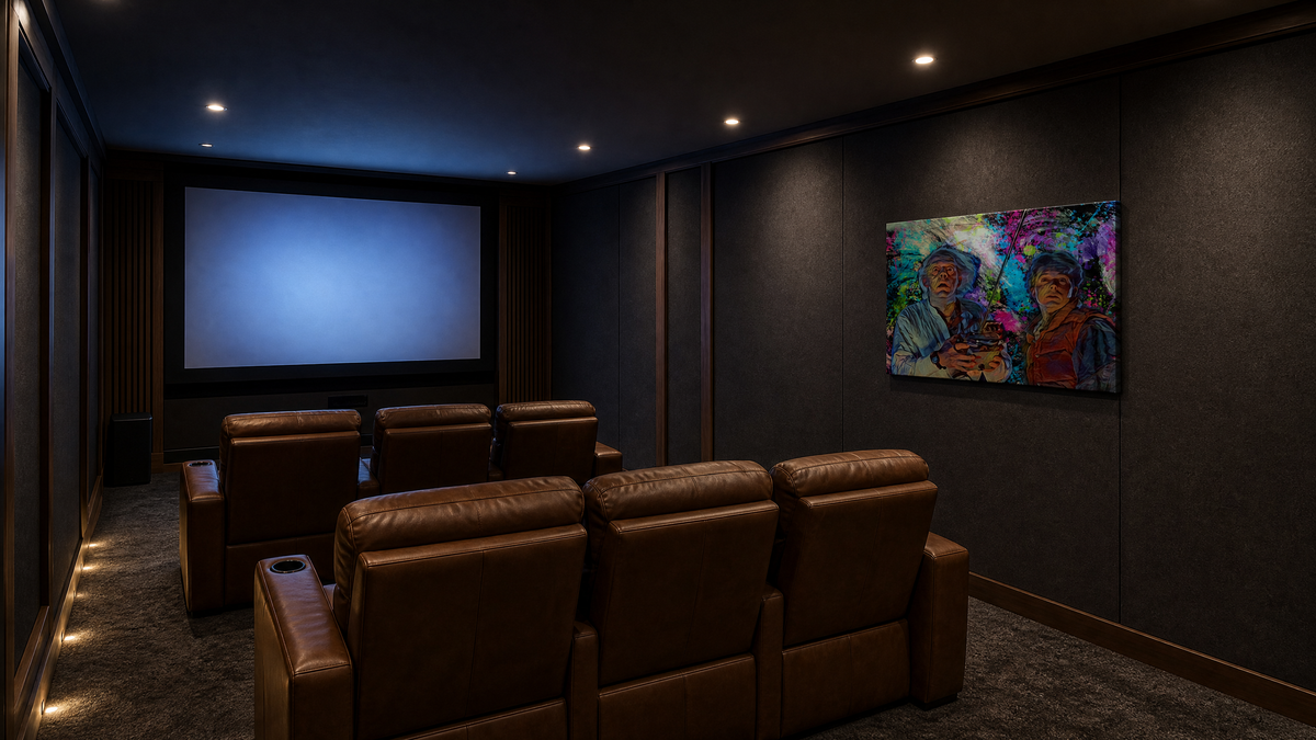 Back to the Future 80s movie canvas art on a side wall in a realistic home theater with seats facing the screen
