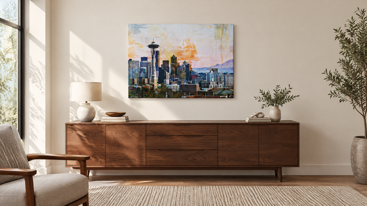 Abstract Seattle canvas wall art hanging above a walnut credenza in a modern living room