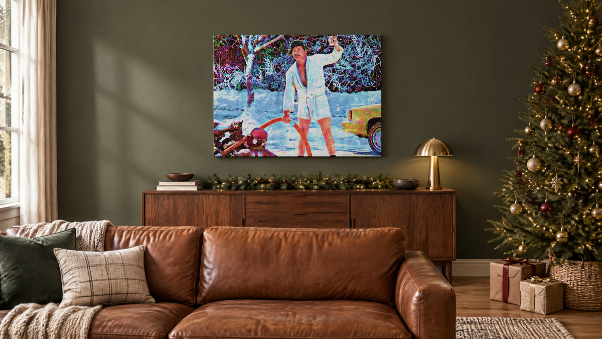 Cousin Eddie Christmas canvas wall art hanging in a warm holiday living room