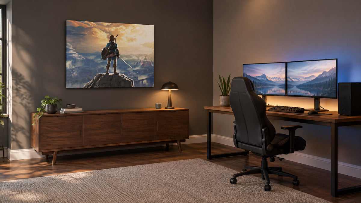 Zelda video game wall art hanging beside a modern dual-monitor gaming setup