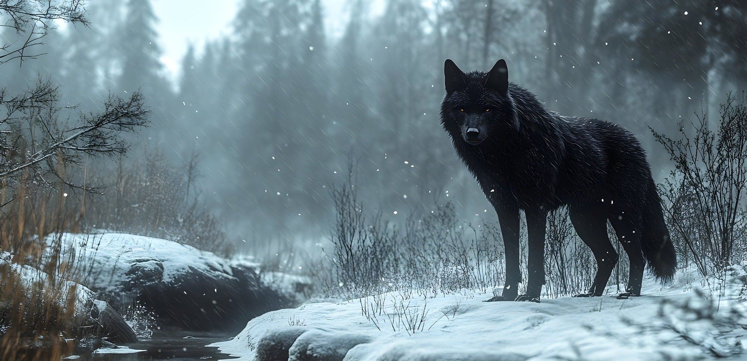 Black Wolf Wall Art collection hero - Black Wolf in Snowy Forest