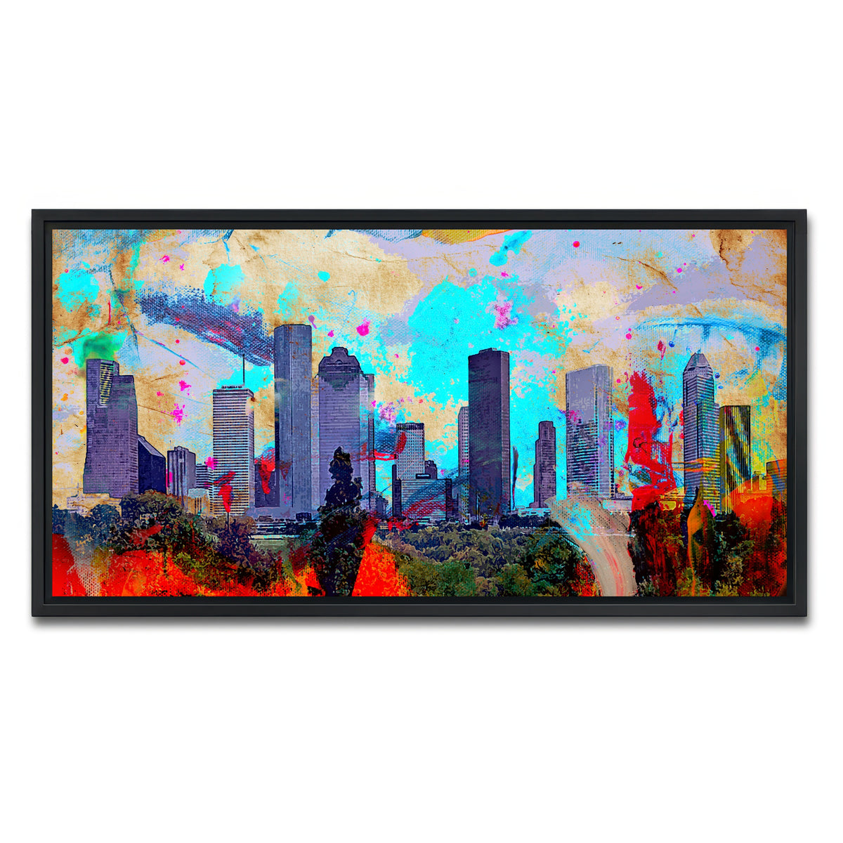 AUTO-MOCKUP WHITE | Abstract Houston Skyline | 1 Piece | Black Framed Canvas | group=2x1