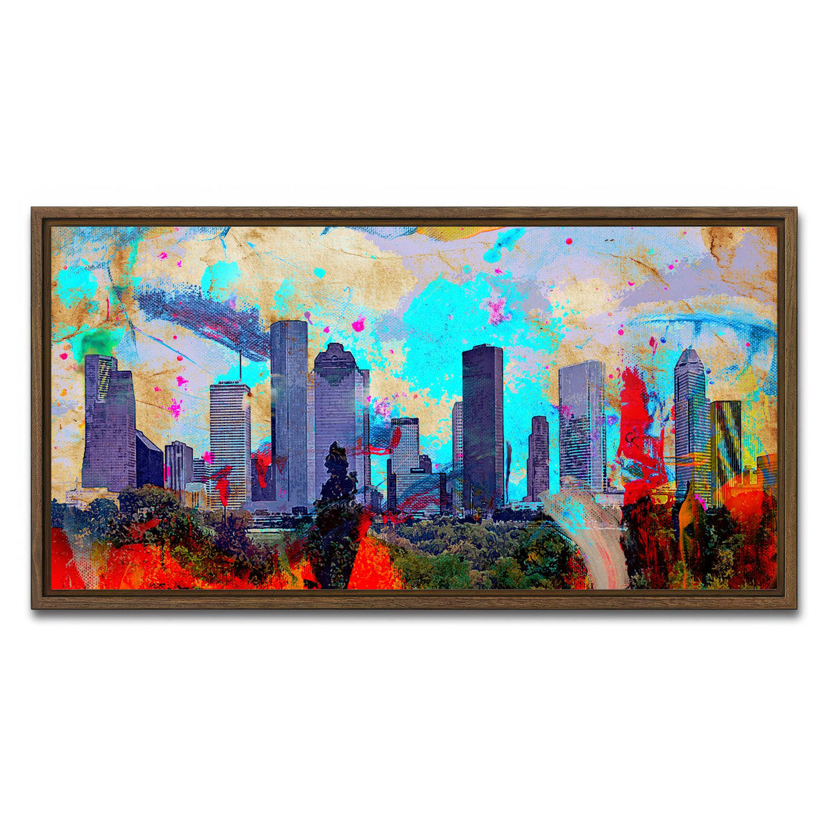 AUTO-MOCKUP WHITE | Abstract Houston Skyline | 1 Piece | Walnut Framed Canvas | group=2x1