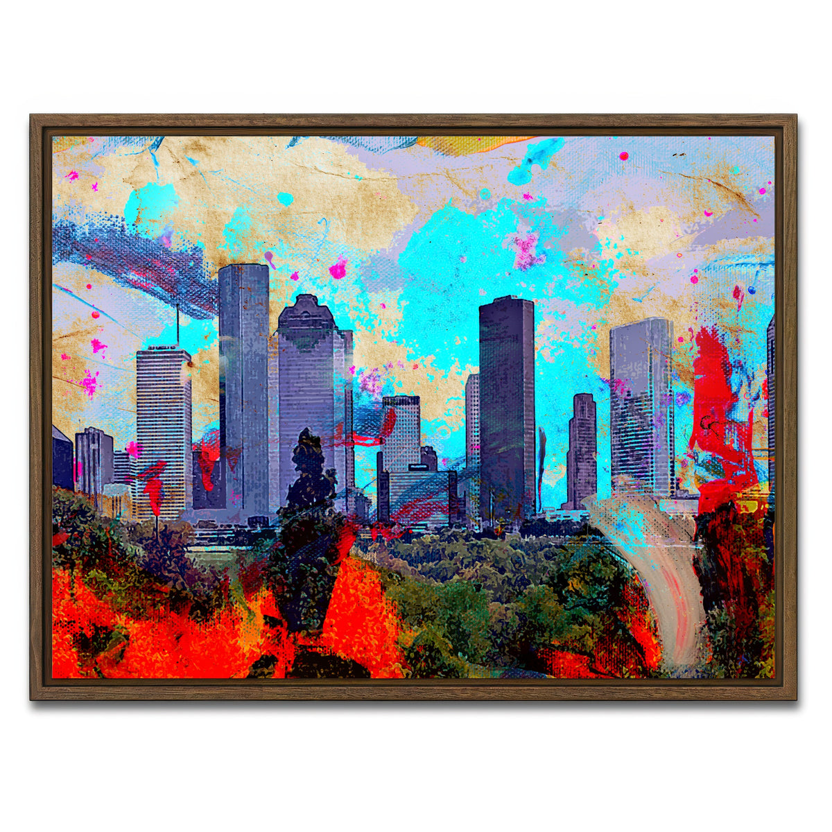AUTO-MOCKUP WHITE | Abstract Houston Skyline | 1 Piece | Walnut Framed Canvas | group=4x3