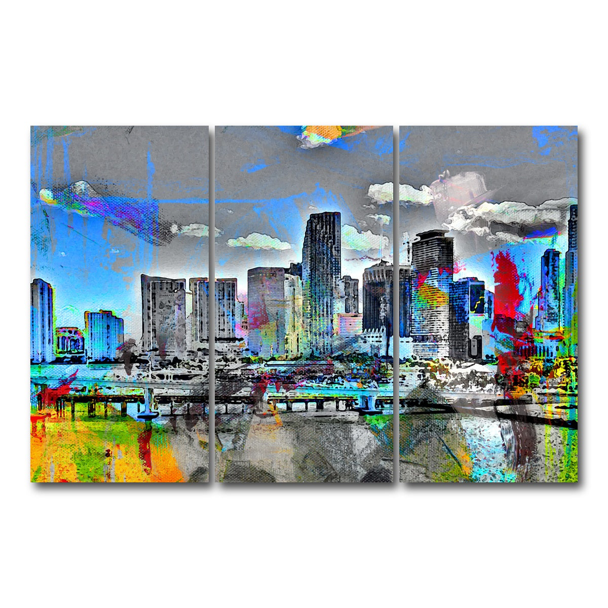AUTO-MOCKUP WHITE | Abstract Miami Skyline | 3 Piece | Gallery Wrap Canvas | group=12x24