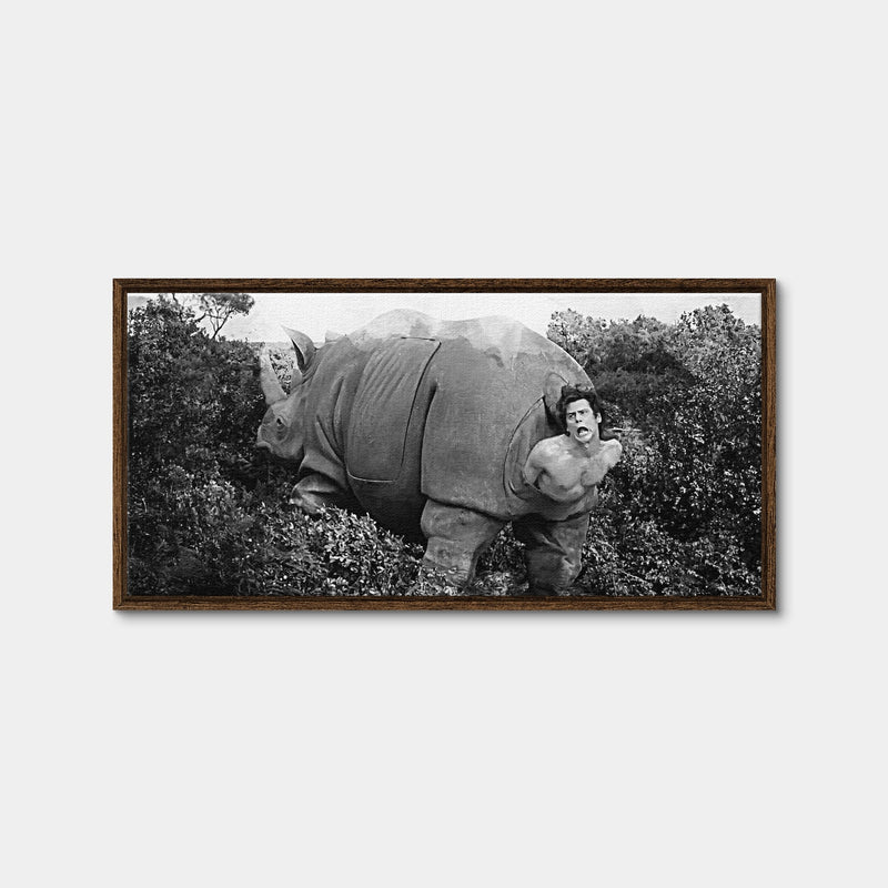 AUTO-MOCKUP WHITE | Ace Ventura Rhino Birth - Grayscale | 1 Piece | Walnut Framed Canvas | group=2x1